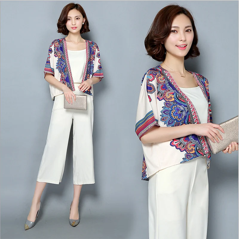 3 Piece Women Crop Top And Pant Set 2016 Summer Vintage Chiffon Pants