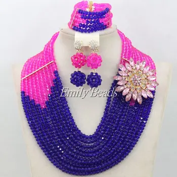 

Fashion Fuchsia Pink Mixed Royal Blue Crystal Necklaces Set Costume Jewellry Nigerian Wedding African Beads Jewelry Set AMJ670