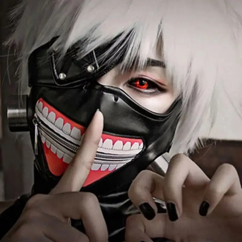 Высокое качество просвет одежда с надписью «Tokyo Ghoul 2 для косплея канеки кэна, маска маски на молнии из PU искусственной кожи, с регулируемой застежкой кожаные свежий полумаска аниме Косплэй - Цвет: 1