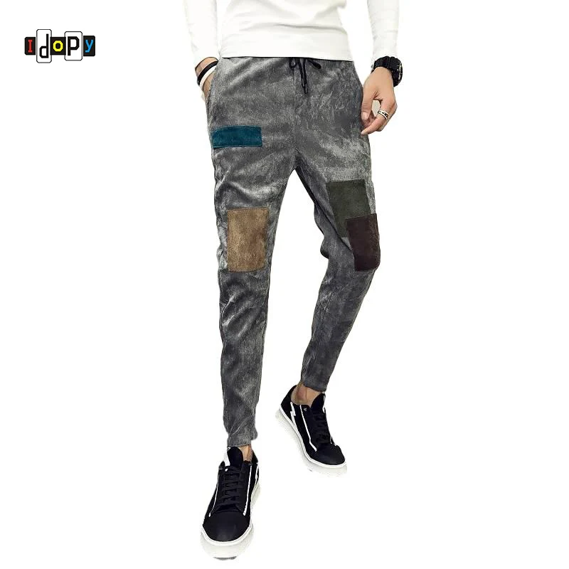 

Idopy Men`s Hip Hop Pants Elastic Waist Patches Cuffed Street Style Long Slim Fit Corduroy Trousers With Drawstring