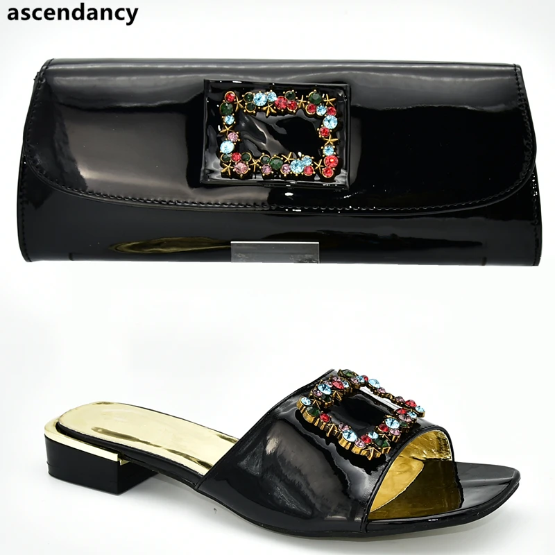 

New Fashion Women Shoes and Bags To Match Set Italy Matching Shoes and Bag Set Decorated with Rhinestone Slip on Shoes for Wom