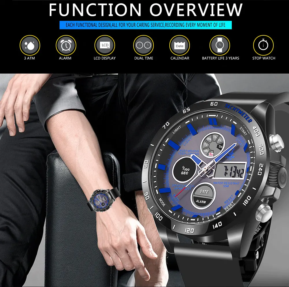 Dual Display Sport Watch Men Waterproof PU Leather Quartz Watches Electronic LED Digital Wrist Watches Male      Reloj Deportivo (2)
