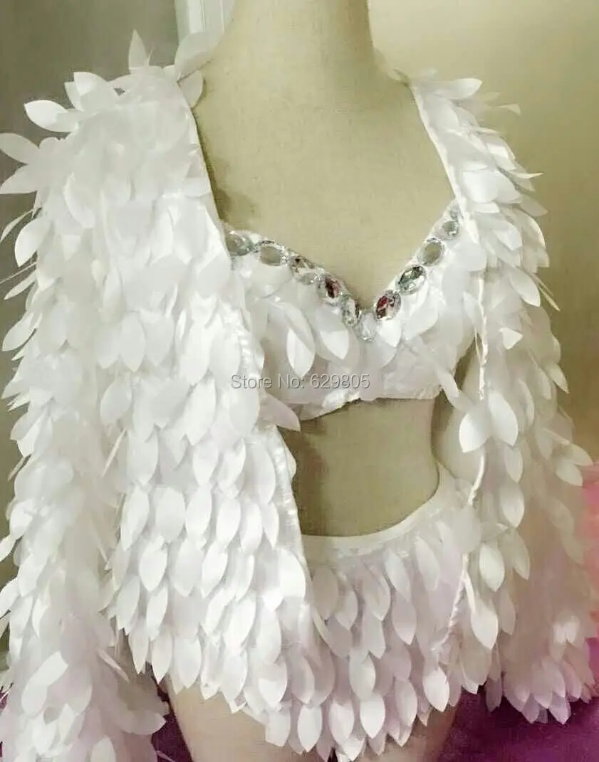 

New 2016 Fashion Costumes For Women Leaves Jacket Bra Short Shining Outfit Clubwear Stage Costume Celebrate Party Clothing Set