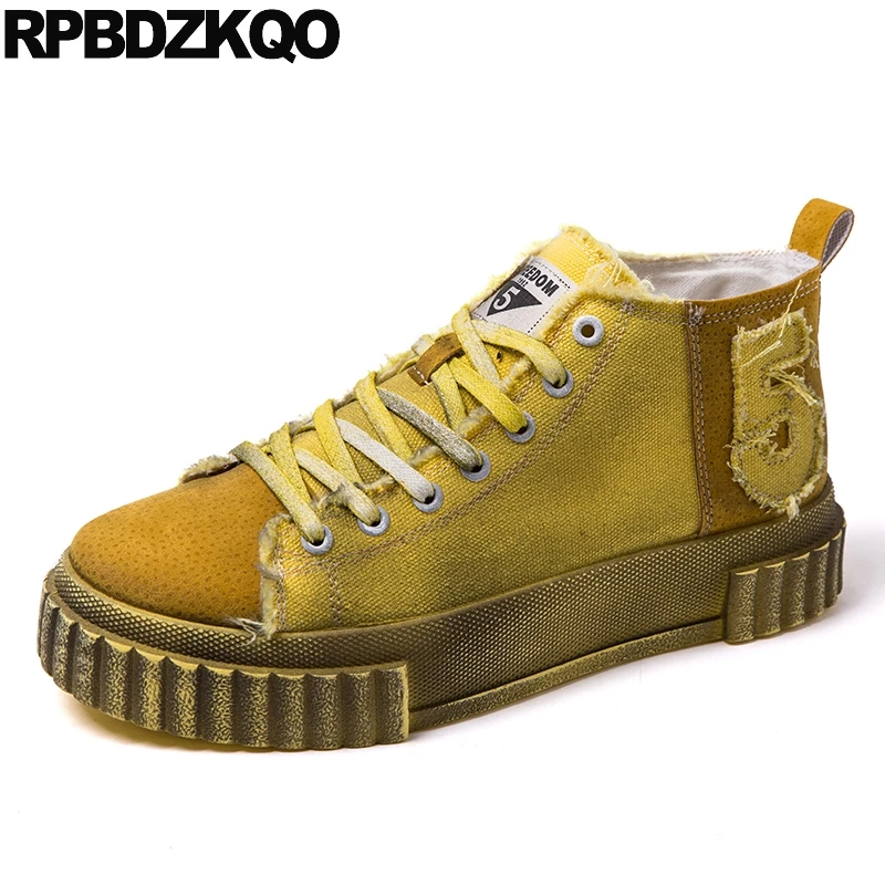 Дизайнерская повседневная обувь на платформе; мужская обувь на толстой резиновой подошве в винтажном стиле с высоким берцем; цвет желтый, зеленый; парусиновая обувь в стиле хип-хоп; кроссовки на плоской подошве со шнуровкой