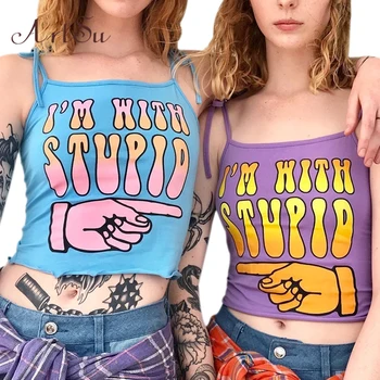 

ArtSu Summer Tops Letter Print Spaghetti Strap Camis Blue Streetwear Crop Top Harajuku Women Sexy Backless Cami Top ASVE20569