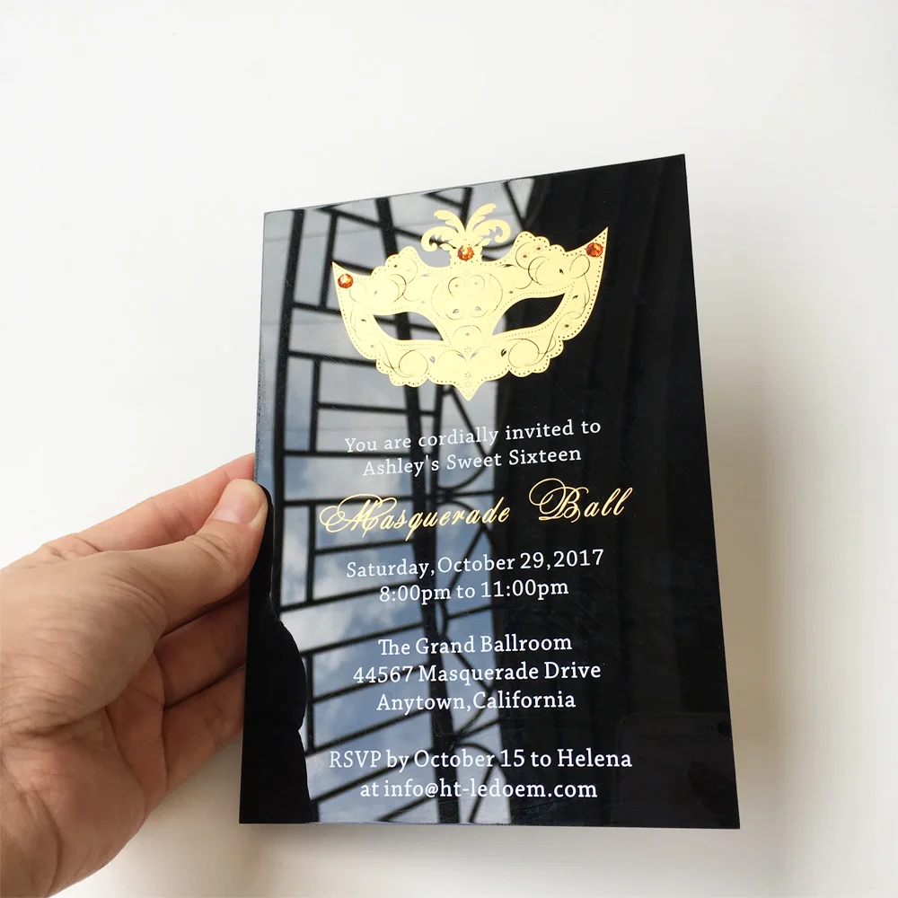  Customized 5x7inch Black Acrylic Birthday Invitation Card Sweet Sixteen Masquerade Ball Invitation  - 32822796118