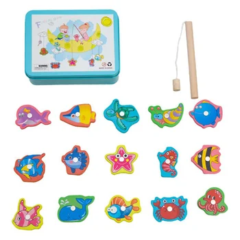 

15 Pcs Fishing Toys Set Children Magnetic Fishing Wooden Building Blocks Play Water Baby Toys with Iron Box Hot Gift for Kids