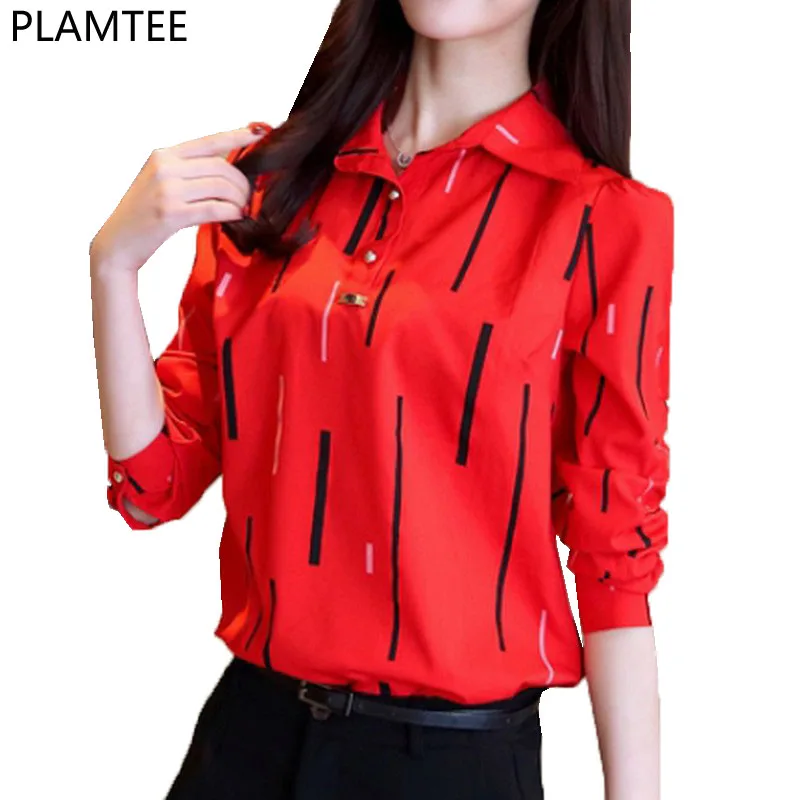 

PLAMTEE Office Lady Printing Blouse Shirt Spring Autumn Long Sleeve Blusas Mujer De Moda 2017 3 Color Tops S~2XL Camisa Feminina