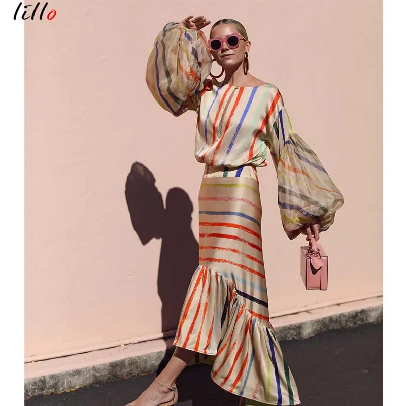 

Striped Lantern Sleeve Round Neck Dress Temperate Waist Fishtail and Ground Dress Party Casual Large Size Dress