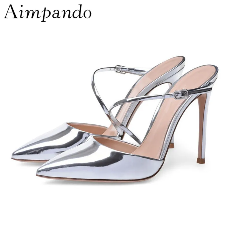 

Gold Silver Patent Leather Point Toe Pumps Women Thin Heels Cross Band Slingback Shallow High Heels Women Fashion Shoes Woman