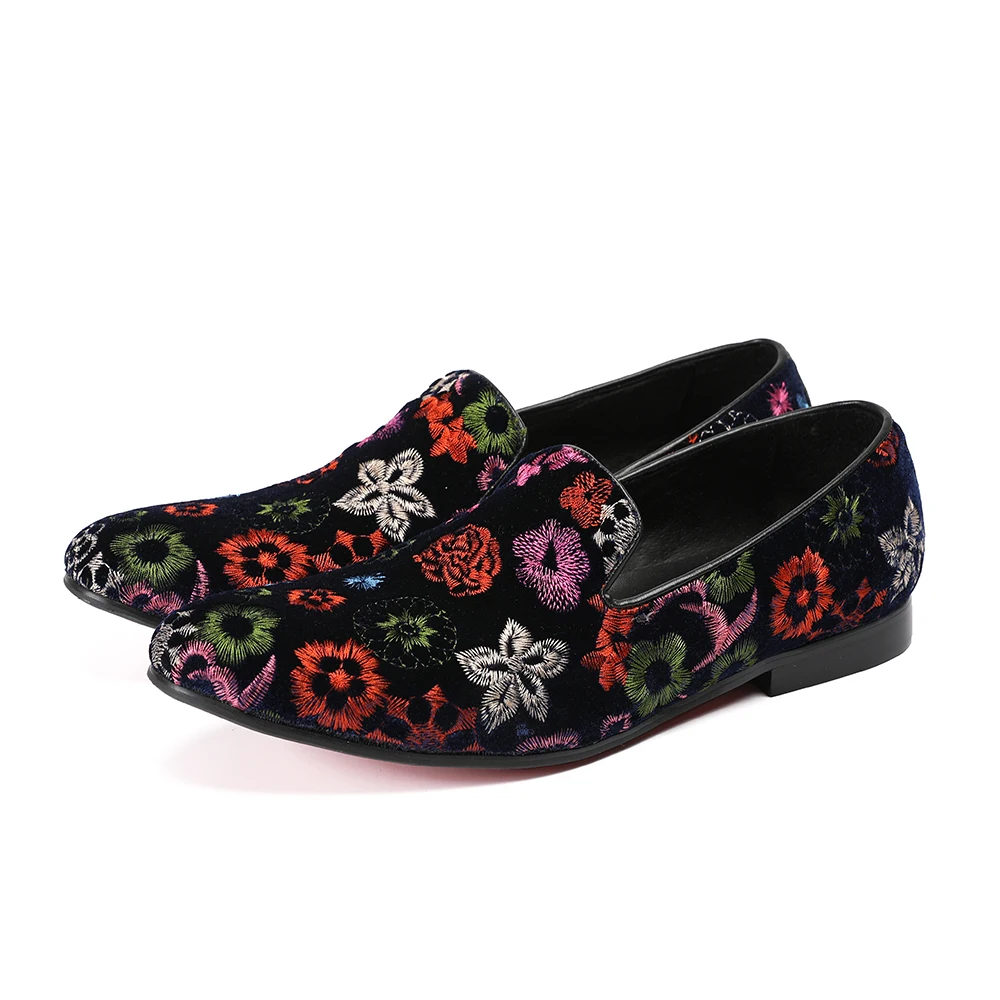 

2018 Men Shoes Flower Print Shoes Embroidered Loafers Handmade High Quality Stylish Velvet Big Size Men Flats Smoking Slipper