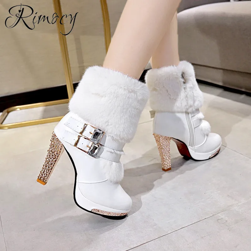 

Rimocy luxury crystal super high heels boots women Rhinestone botines mujer 2019 fashion white black boots faux fur shoes woman