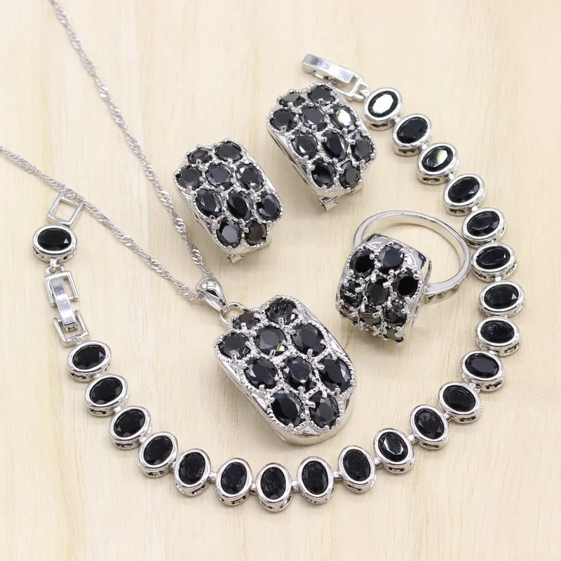 

Silver 925 Women Bridal Jewelry Sets Black Zircon Wedding Bracelets Earrings Rings Pendant Necklace Gift Box