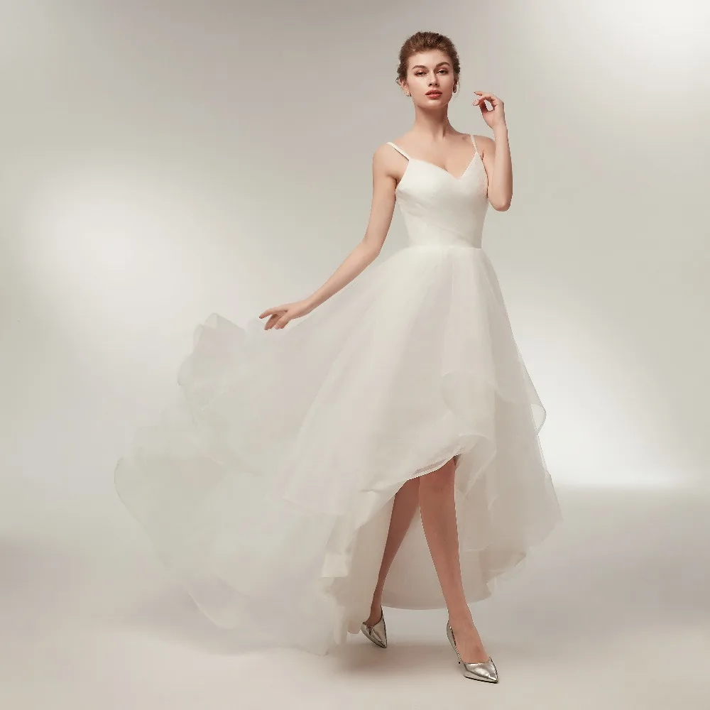 Spaghetti Straps V Neck Tulle Short Front Long Back Wedding Dress in Wedding dresses