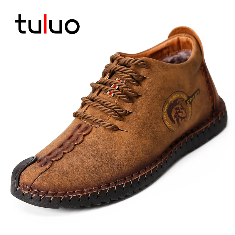 

TULUO Genuine Leather Casual Shoes Men Lace Up Men Boots Keep Warm Winter High Quality Ankle Boots Men Flat Shoes Big Size38-47