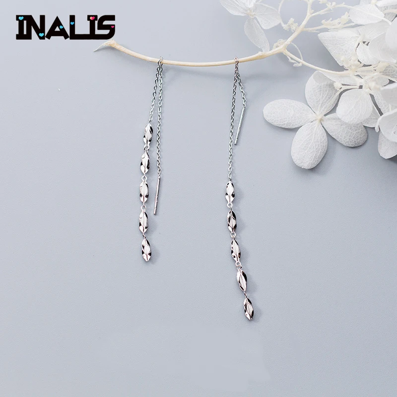 

INALIS New Fashion Delicate Long Chain Ear Line 925 Sterling Silver Rotating Leaves Dangle Drop Earrings Best Gift Girl Friend