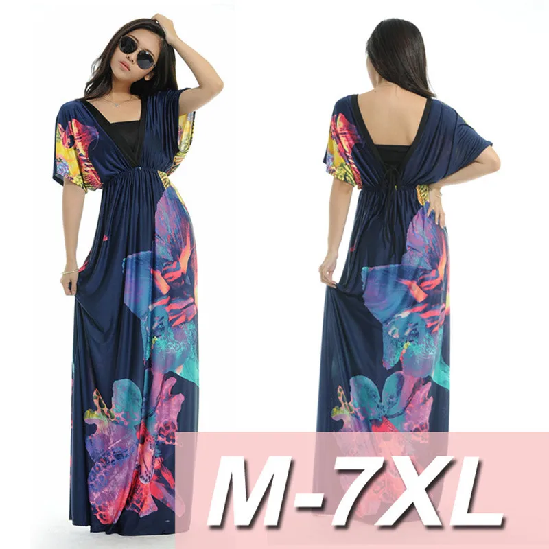 

New Summer Hot Women Dresses Fashion brand Plus size loose V-neck Long style print dress for women large size M-7XL Freeshipping