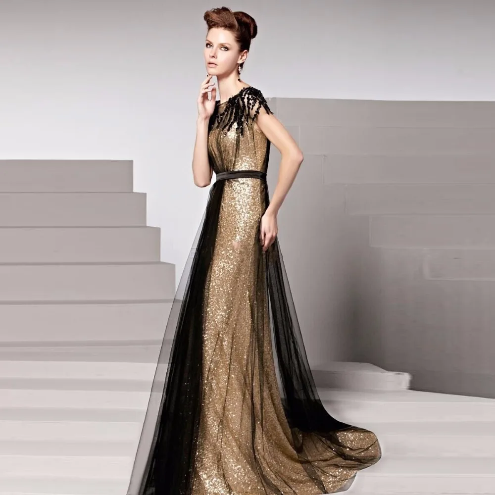 

Shiny Golden Woman Dress with Sexy See Through Tulle and Black Sequins Sash Long Sequin Formal Gowns Lace O neck Robe De Soiree