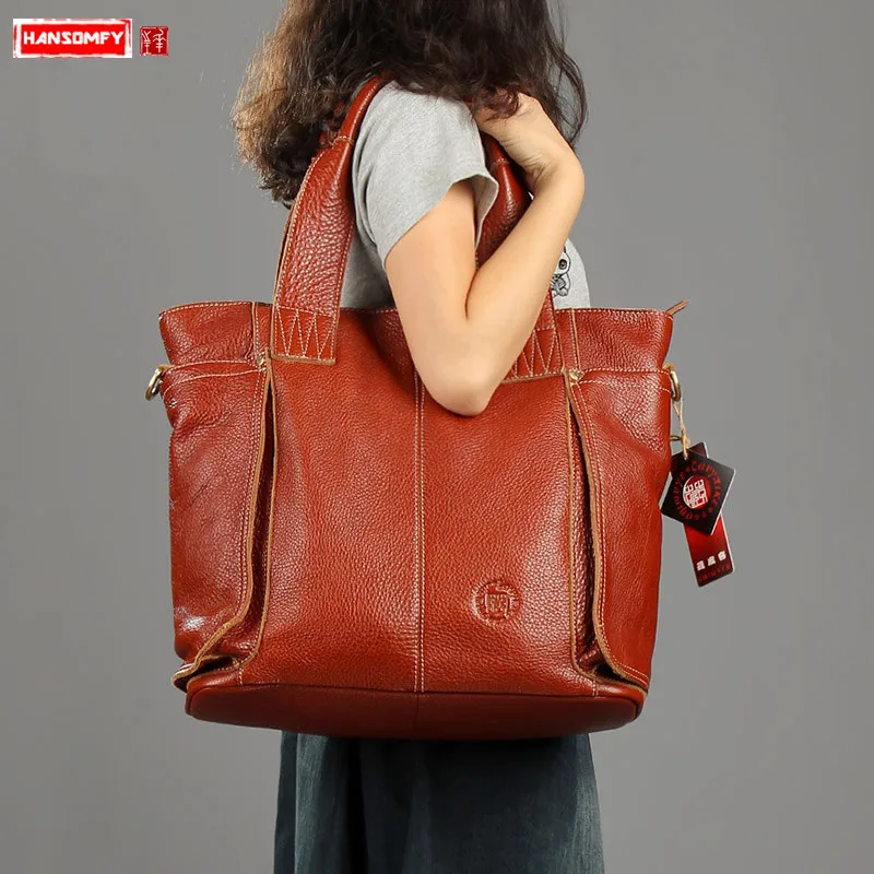 Женские сумки ручной работы из натуральной кожи в стиле ретро, винтажные женские сумки на плечо, Портативная сумка для ноутбука, модные вместительные сумки-тоут - Цвет: Коричневый