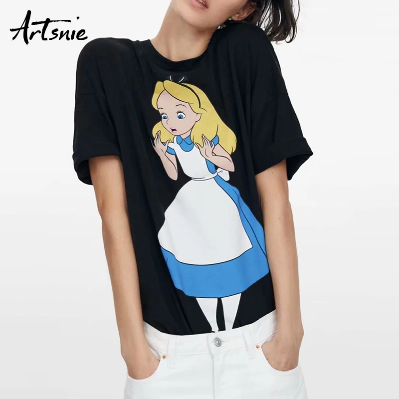 

Artsnie cartoon print streetwear casual women t shirt summer 2019 black loose knitted tops female girls cotton t-shirts mujer