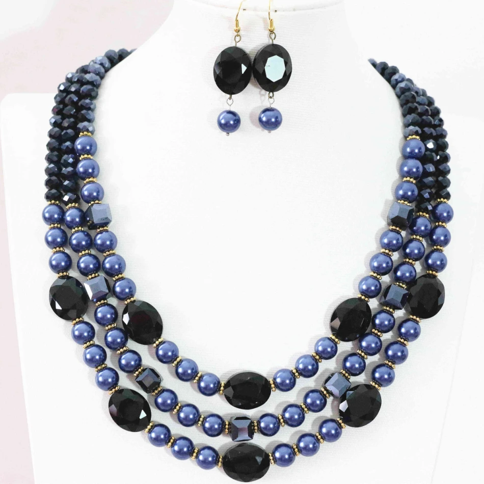 3rows necklace earrings for women blue round shell crystal beads elegant gift free shipping unique jewelry set 18-21.5inch B1002