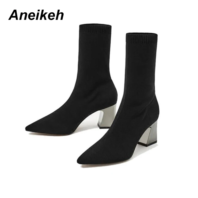 Prix Aneikeh Mode Cheville Élastique Chaussette Bottes Chunky Talons Stretch Femmes Automne Sexy Chaussons Bout Pointu Femmes Pompe Taille 40 41