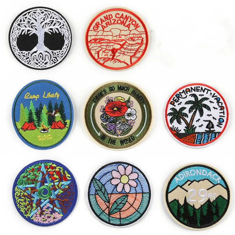 

1 PCS Round Flowers Patches Clothing Applications Embroidered Stripes Badges Iron on Appliques Tree Stickers for Clothes @C