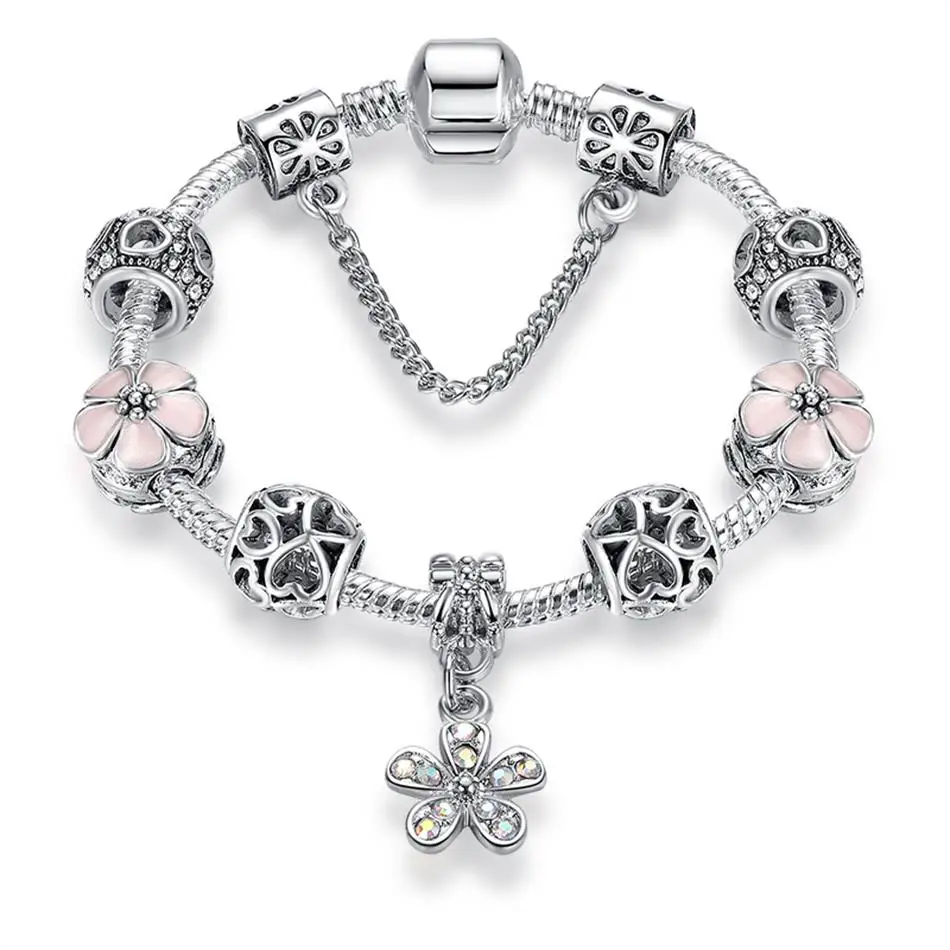 Модные Серебряные Подвески Браслеты с Цветочные бусины-кристаллы подходящая Европейская подвеска браслет для женщин ювелирные изделия дружбы
