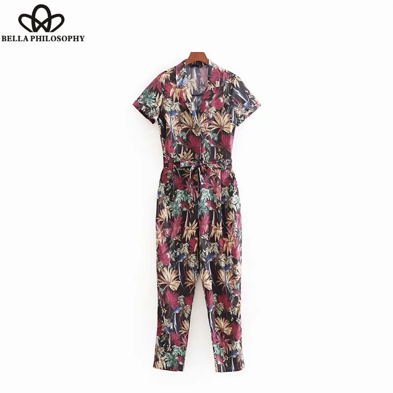 Wonder 2018 new vintage short sleeve tropical floral print siamese bow tied sashes chic jumpsuits casual slim overalls trousers
