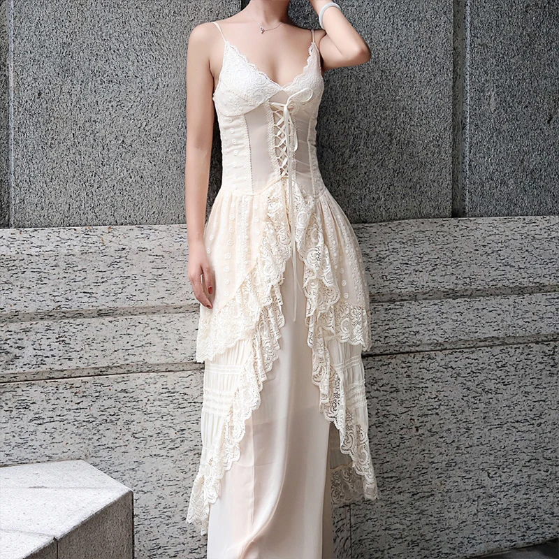 

2019 spring New arrival women temperament perspective white lace sexy dress and long solid skirt comfortable 2 pieces women sets