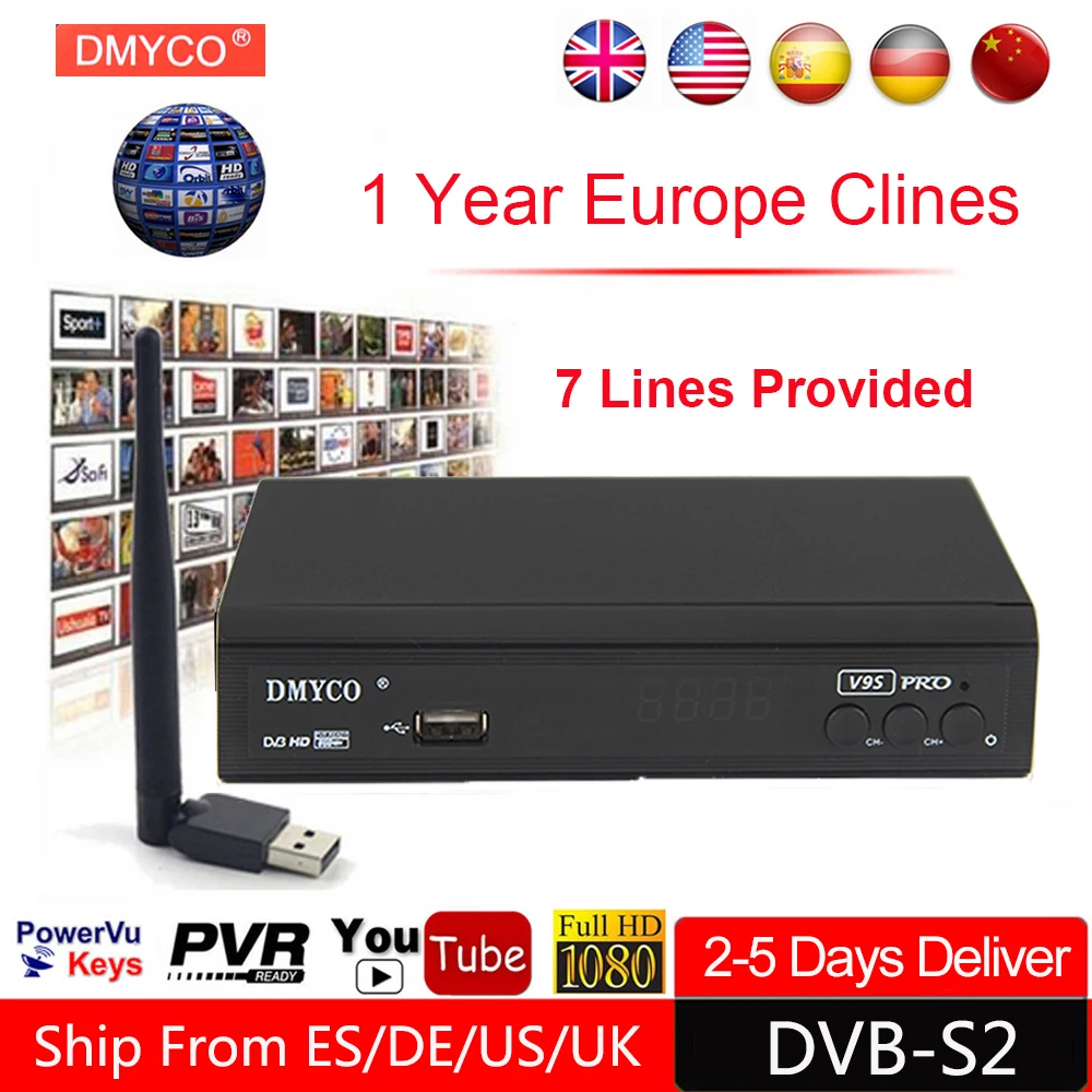 

Original Satellite TV Receiver Decoder Full HD DVB-S2 Support 7 lines Europe Spain Clines Powervu PVR YouTube Receptor +USB WIFI
