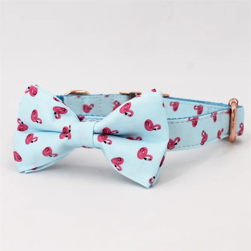 Летний ошейник и поводок с Фламинго с галстуком-бабочкой для больших и маленьких собак, хлопковый тканевый ошейник с металлической пряжкой цвета розового золота - Цвет: collar bow
