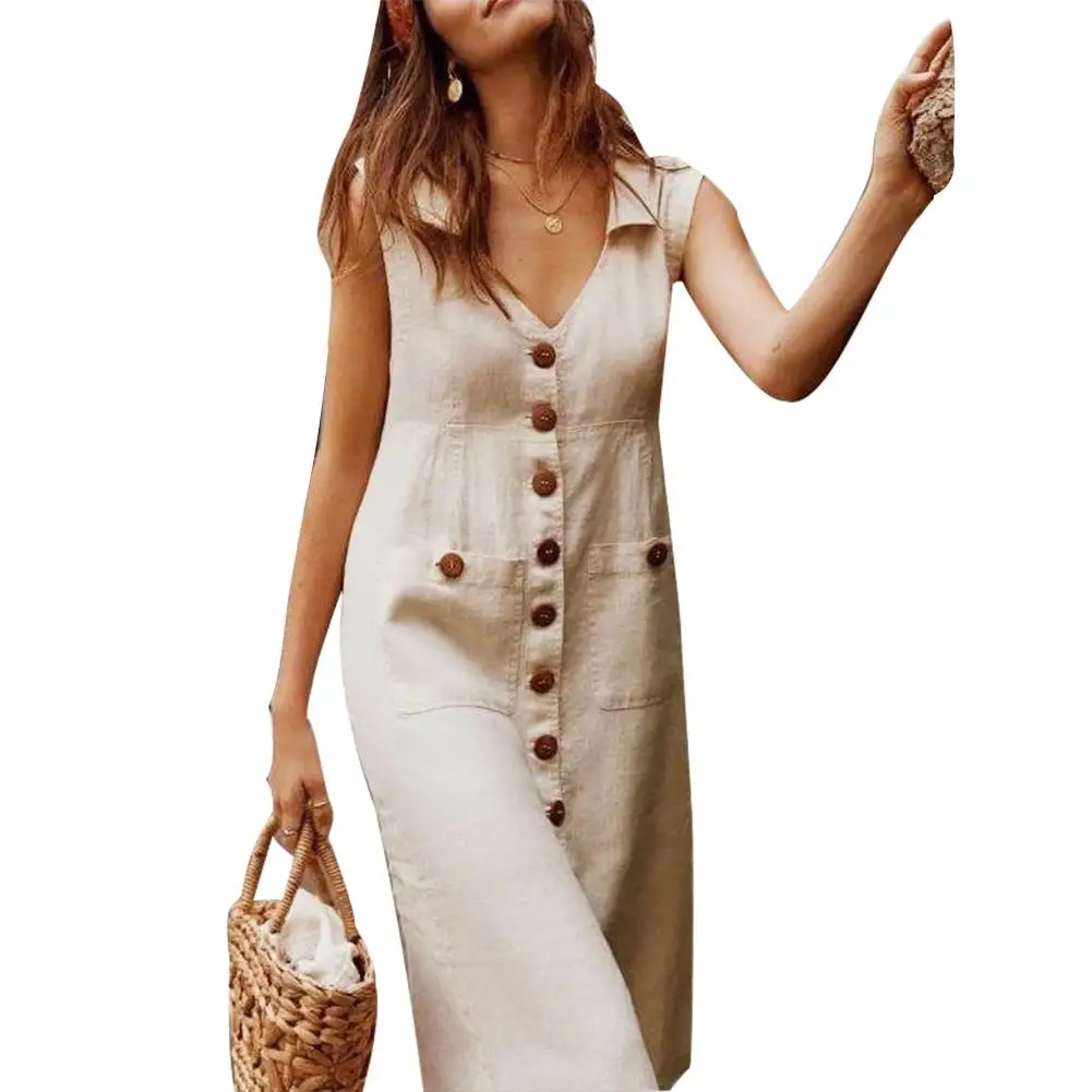 

Plus Size Fashion Summer Solid Color Women Single Breasted V Neck Sleeveless Lady Casual Loose Long Dress Vestidos With Pocket