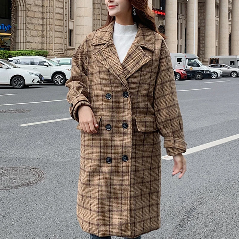 Zoki Loose Plaid Women Long Wool Blend Coat Fashion Winter Warm Jacket Elegant Double Breasted Autumn Fleece Outwear Plus Size