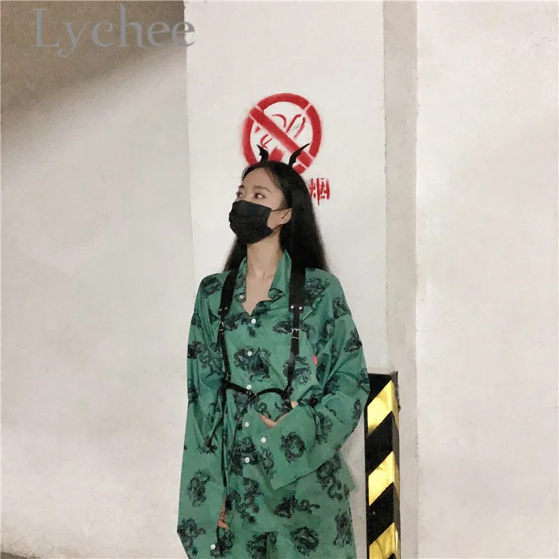  Lychee Harajuku Dragon Print Women Blouse Shirt Turn Down Collar Long Sleeve Summer Spring Loose Co