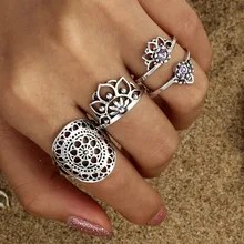 

HuaTang Antique Silver Crystal Lotus Flower Ring Bohemia Steampunk Rings For Women Tribal Hollow Rings Set Anillos 4228