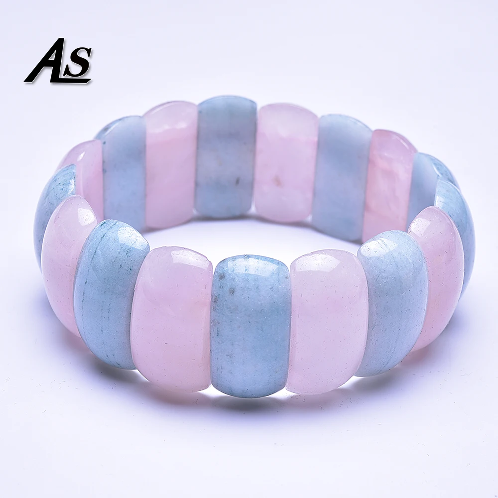 

Asingeloo Multi Color Roze Quartz and Blue Aventurine Natural Stone Beads Handmade Elastic Bangles Bracelets for Women