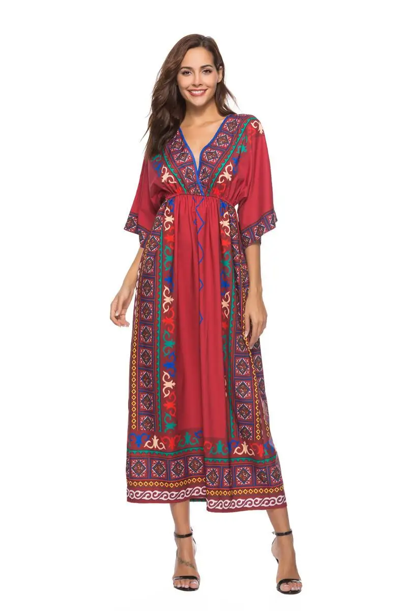 

Summer Women Boho Printed Kaftan Beach Sun Dress Abaya Ethnic Hippie Caftan Robe Gown Ethnic Style Dress V-neck Half Sleeve New