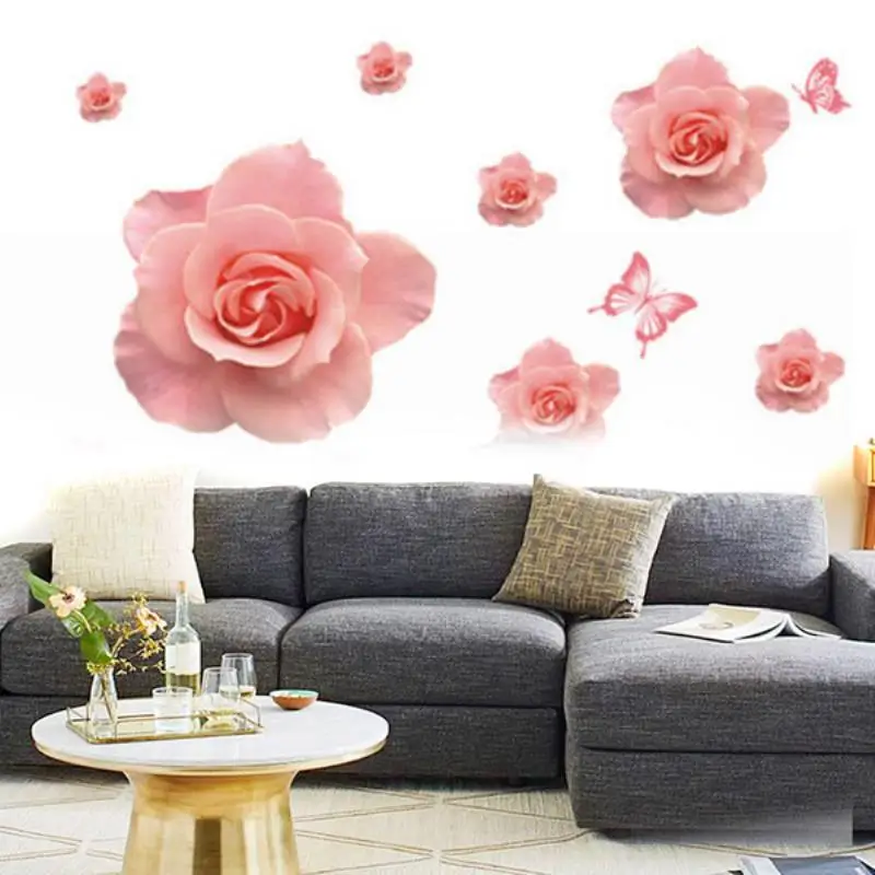 2018 Newest DIY Removable Vinyl 3D Pink Rose Butterfly Flower Wall Stickers Decal Art Home Decor