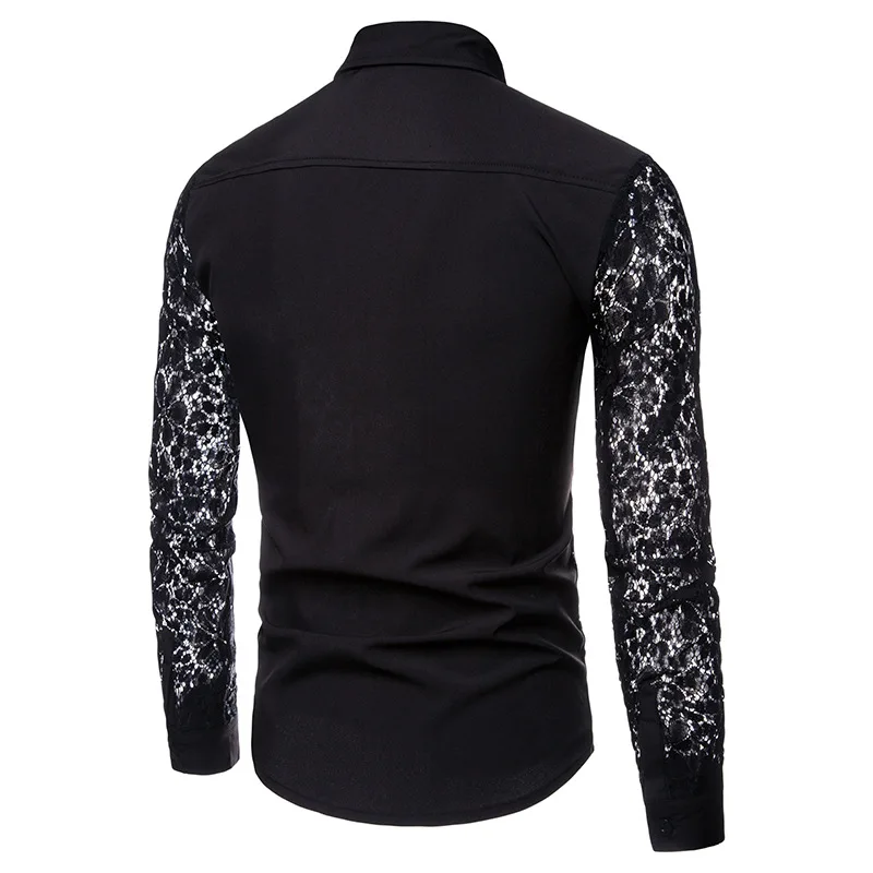 Mens Flower Patchwork Embroidery Lace Shirt 2019 Fashion Transparent Sexy Dress Shirts Mens See Trough Club Party Event Chemise