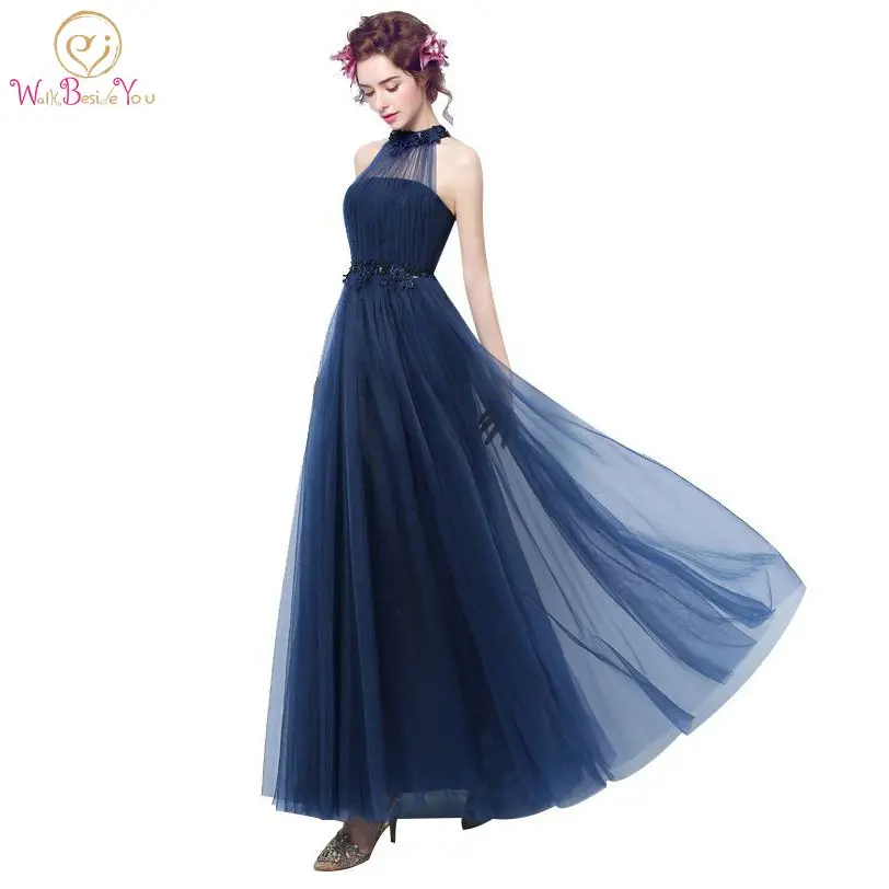 

100% Real Image Navy Blue Evening Dresses Tulle Ankle Length Long Formal Gowns Beaded Party Lace Dress Evening New year