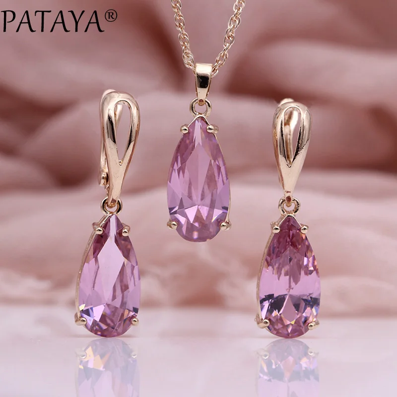 PATAYA New Blue Water Drop Earrings Pendants Necklaces Sets 585 Rose Gold Natural Zircon For Women Fashion Wedding Jewelry Set