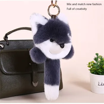 

15CM Big Size Cute Little Fox Keychain Rex Rabbit Fur Pom Pom Key Chain For Women Bag Pendant Car Fluffy Fur Pom Pom Little Fox