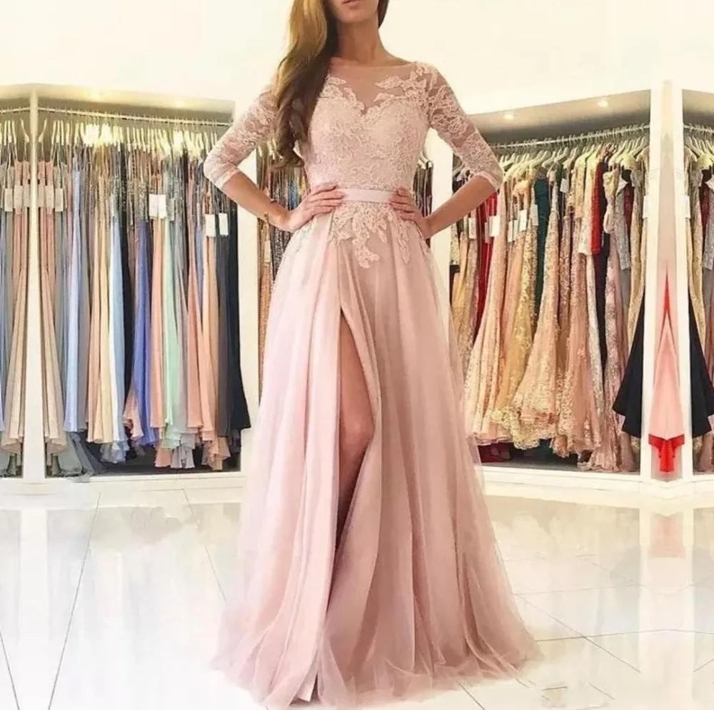 

Pink Evening Dress Saudi Arabia A-Line Half Sleeve High Split Long Formal Prom Gowns Sexy Backless Lace Tull Special Occasion