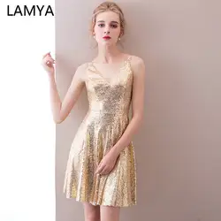 Ламия Короткие блестками с v-образным вырезом платья выпускного вечера 2019 линия Вечеринка платье элегантное вечернее платье с открытой