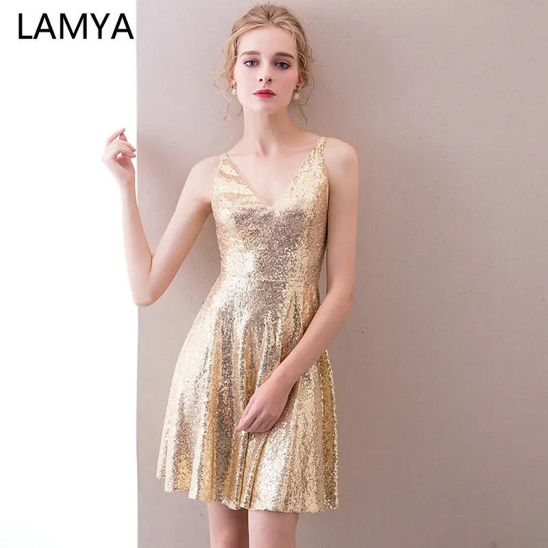 

LAMYA Short Sequined V Neck Prom Dresses 2019 A Line Evening Party Dress Elegant Backless Formal Gown Robe De Soiree