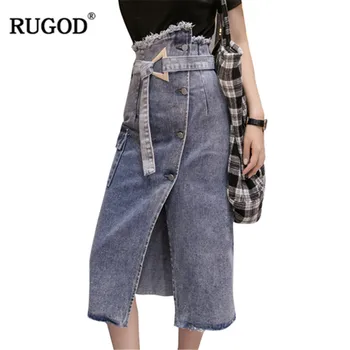 

RUGOD 2019 Denim open women skirt high waist irregular modis mid-calf solid waistband jeans skirt summer modis femme falda