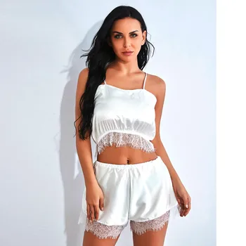 

New Women Satin Lace Silk White Camisole Shorts Pajama Set Nightwear Sleepwear Pijamas Para As Mulheres Four Seasons Nightgown