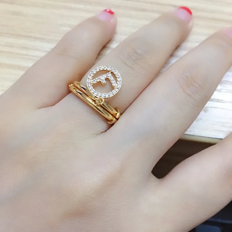 

Fashion designer party jewelry two circle letter F ring gold color zircon initial letter logo tail ring