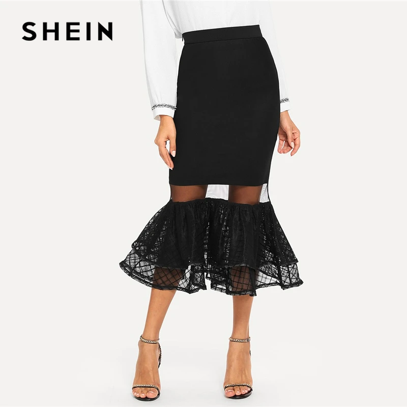SHEIN Black Mesh Contrast Layered Ruffle Bodycon Skirt Elegant Mid Waist Plain Skirts Women